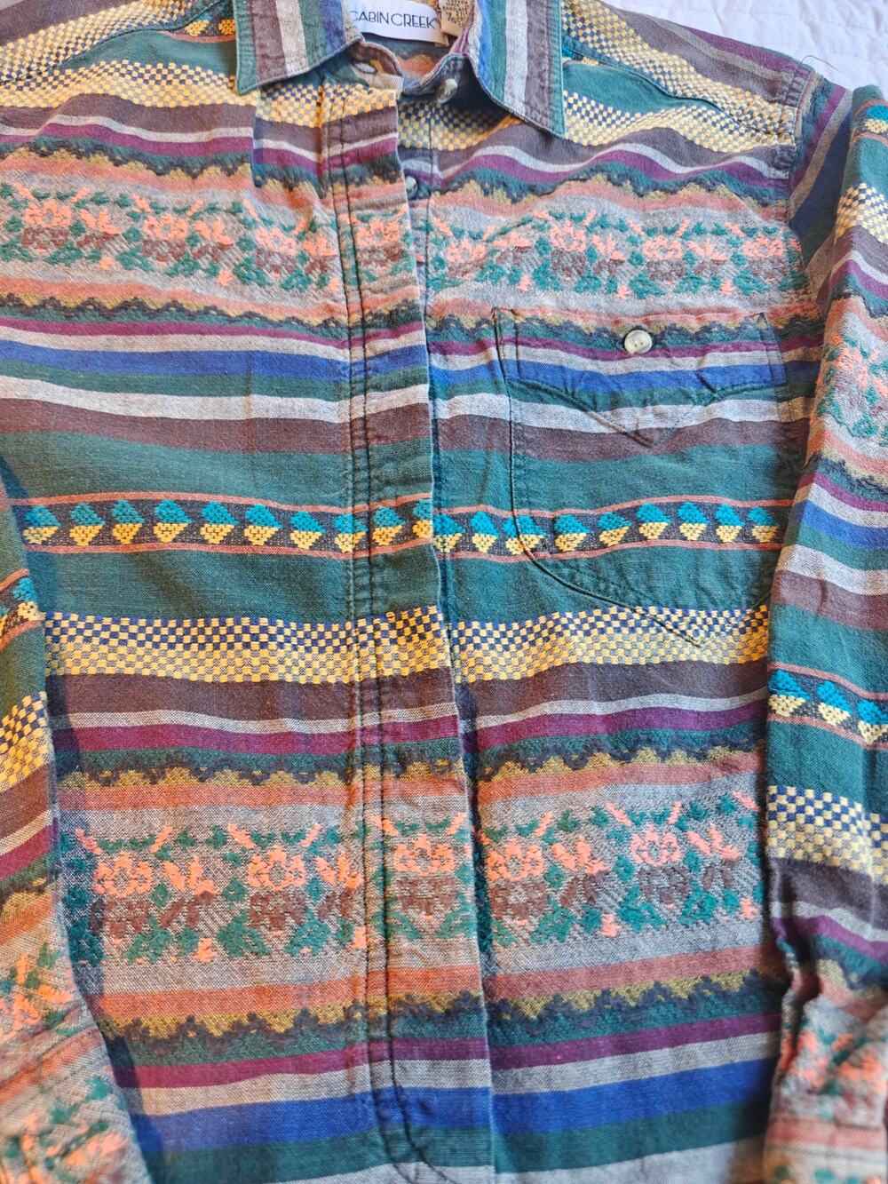 Vintage 90s Cabin Creek Striped Floral Heart Button Down Shirt 100% Cotton